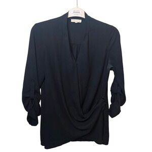 &. Layered Black Draped Faux Wrap V Neck Long Sleeve Button Cuff Top Women's S